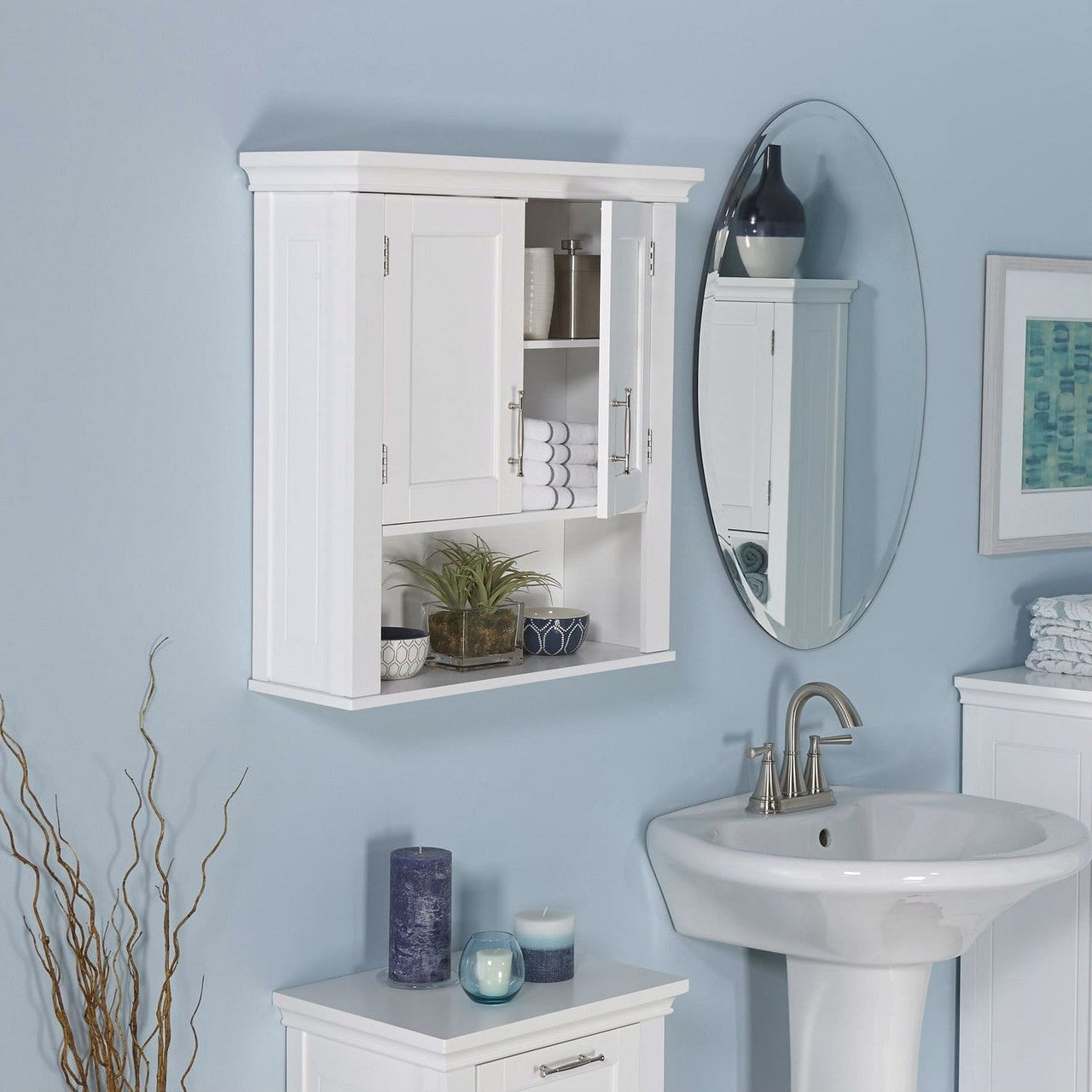 White Bathroom Wall Cabinet Cupboard with Open Shelf-1