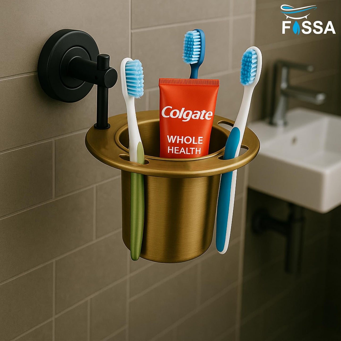 Fossa Brush Holder Stainless Steel Wall Mounted | Tumbler Holder for Bathroom | Rustproof Bathroom Organizer & Accessories Set | Toothbrush Holder Black & Gold Matte Finish-1