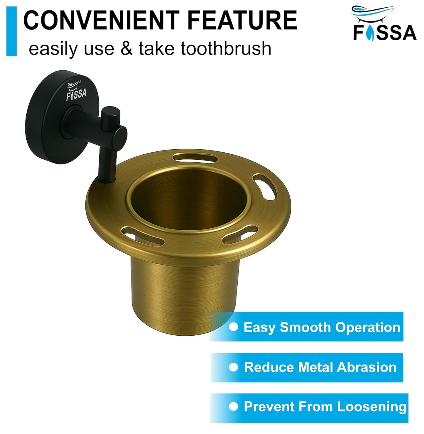 Fossa Brush Holder Stainless Steel Wall Mounted | Tumbler Holder for Bathroom | Rustproof Bathroom Organizer & Accessories Set | Toothbrush Holder Black & Gold Matte Finish-2