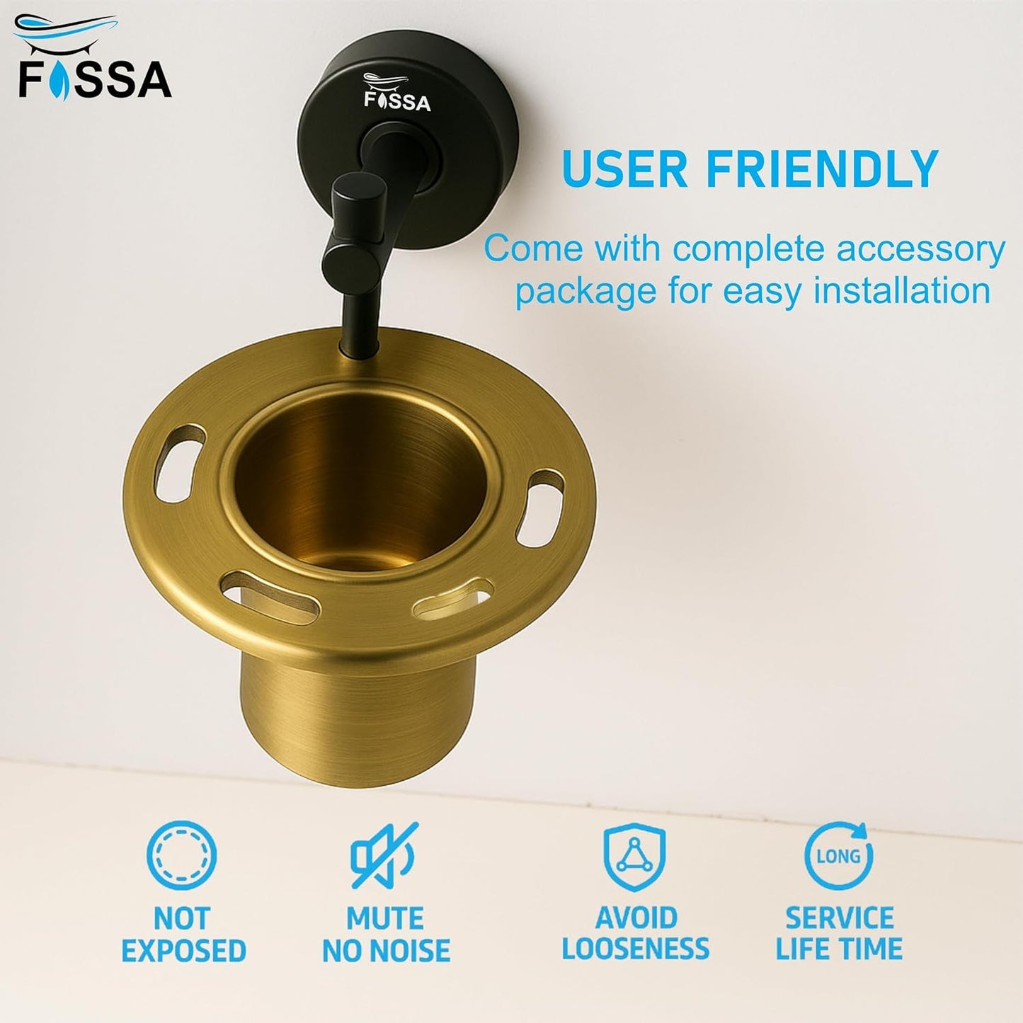 Fossa Brush Holder Stainless Steel Wall Mounted | Tumbler Holder for Bathroom | Rustproof Bathroom Organizer & Accessories Set | Toothbrush Holder Black & Gold Matte Finish-4
